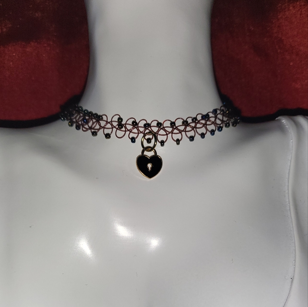 Heart locket charm necklace, Choker necklace, Tattoo choker